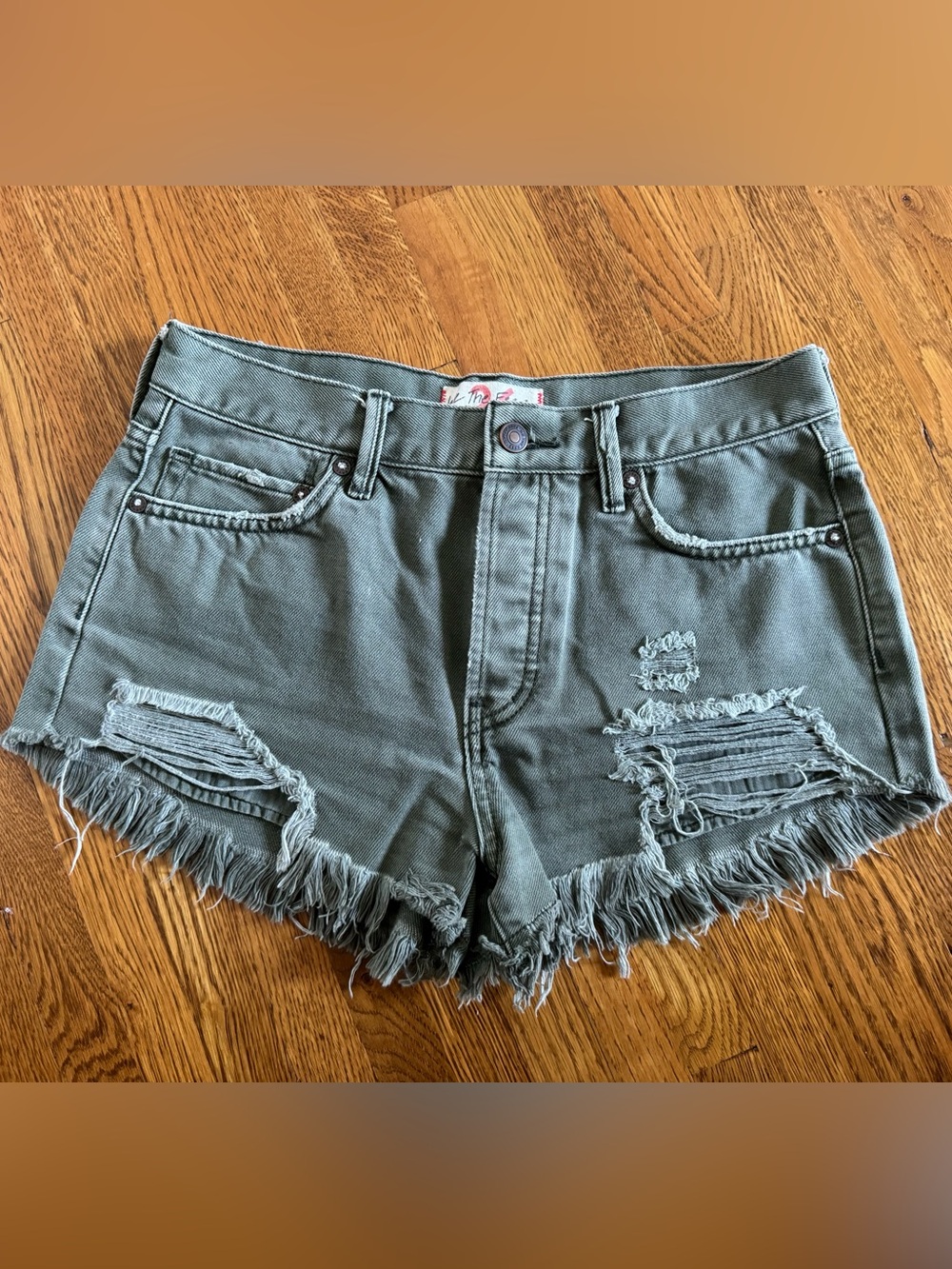 Loving Good Vibrations Cutoffs Distressed Olive Green Women’s Denim Shorts